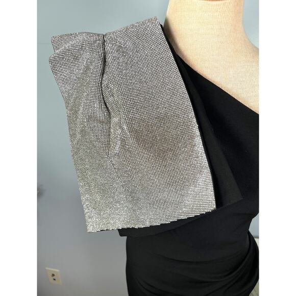 Bronx and Banco Stella One Shoulder Bow Crystal Embellished Black Maxi Gown Sz M - Picture 4 of 8